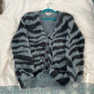 fuzzy blue zebra print semi-oversized cardigan from urban outfitters. worn once